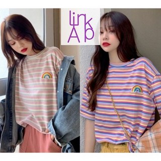 링크어패럴 무지개스트라이프 여성박스티 반팔 여성 롱 반팔티 여자반팔박스티 티셔츠