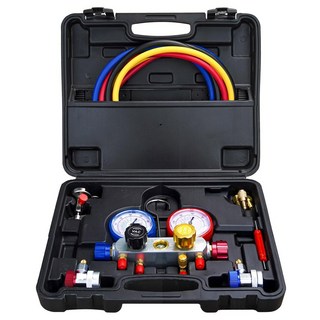 5FT 호스 커플러가 있는 R410A R22 A134A 냉매 4 밸브 AC 매니폴드용 4방향 게이지 진단 매니폴드 세트 탭 및 어댑터 사용 가능, 1개