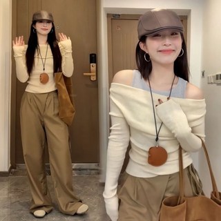 韓系假兩件露肩杏色針織衫女2025秋冬女裝氣質一字肩修身百搭上衣