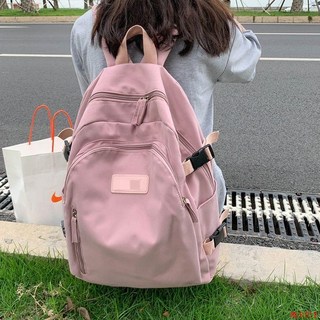 大容量純色書包大學生背包女雙肩簡約日系百搭高中生電腦包, 藍色,單包+害羞熊