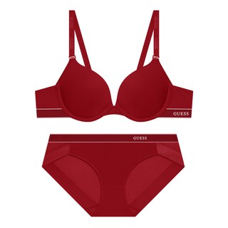 게스언더웨어 클리어 로고 와이어 브라 팬티 세트 - 레드