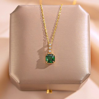 頸飾 項鏈 毛衣鏈 鎖骨鏈簡約設計感流行祖母綠鋯石吊墜鑲鑽氣質鈦鋼項鏈女小衆高級感飾品