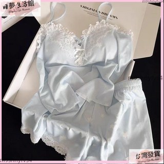 冰雪睡衣套裝 蕾絲吊帶睡衣 藍色短褲兩件套 韓系ins風家居服 性感純欲甜辣宮廷風公主睡衣女