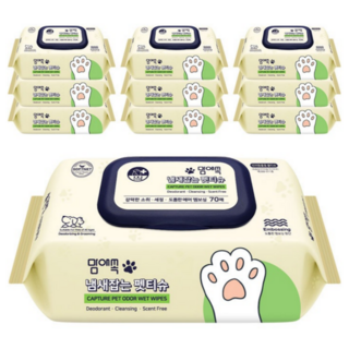 맘애쏙 도톰 탈취율 99.9% 냄새잡는 반려동물 물티슈 저자극 안심 강아지 고양이 펫티슈, 6개, 70개입