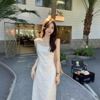 連衣裙度假風提花白月光2025穿搭長裙無袖刺繡修身白色吊帶蕾絲, 白色,均碼