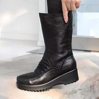 J-Shu 皮革凸起襯裡 Lisa 全跟中筒靴