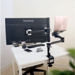 【耀偉】akaKF-1661-AM-BK 電腦螢幕支架 筆電盤延伸擴充 可支援32吋螢幕 穿/夾桌兩用, 黑色, 1個