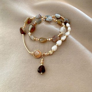 雙層疊戴仿天然石珍珠手鍊 小眾設計精緻手串 百搭手飾