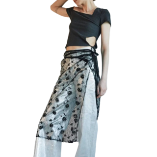 사루키핏 플라워 스팽글 라인댄스 줌바댄스 랩스커트, 블랙F(~77)