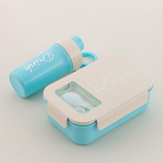 塑料便攜分格午餐盒水盃套裝 - 上班族學生可微波加熱密封飯盒, 1個, 【長方形新款】藍色, 藍色