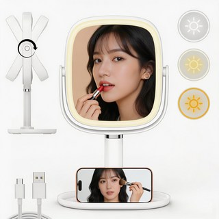 LED 조명 탁상 화장거울 360도회전 1배/10배 확대 3000mAh, 화이트