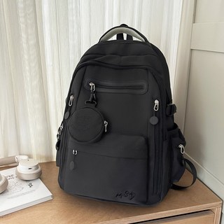 學生後背包 背包 書包 防潑水 大容量 多口袋 包包 旅行背包 筆電後背包 附零錢包 韓國風格, 黑色-無吊飾