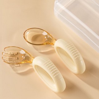 寶寶學習餐具 寶寶湯匙 寶寶勺子兒童學吃飯訓練勺嬰兒硅膠PPSU不銹鋼輔食短柄勺叉寶寶餐具 學習湯匙, PPSU彎柄勺叉-黃色配收納盒, 1個