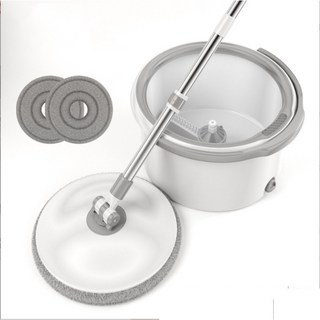 雙排口升降式旋轉拖把 洗脫合一超纖維棉拖布 乾濕兩用懶人拖把, 1個, 白色拖把+桶+把頭