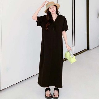 TIMEPURE 봄 여름 여성용 카고 빈티지 롱 원피스 베이직 V넥 루즈핏 캐주얼 오버사이즈 데일리록 레트로 지퍼 기본 원피스 날씬해 보이는 치마