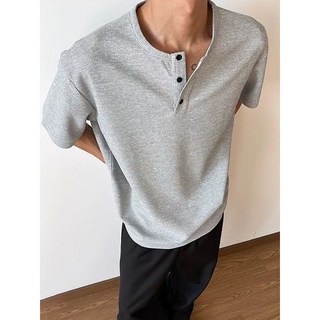 cleanfit美式亨利衫短袖男款夏季華夫格正肩T恤，灰色休閒運動半截袖，舒適透氣展現時尚品味