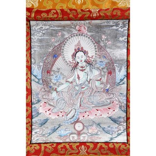 博古珍藏 手繪綠度母銀唐卡壁掛．西藏密宗文物．83x57公分．非棉布針織堆綉．歡喜結緣．超值回饋