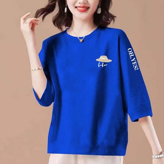 ROYALBELLE 여성 순면 라운드넥 프린트 루즈핏 캐주얼 중년 엄마 7부소매 티셔츠 V01011730