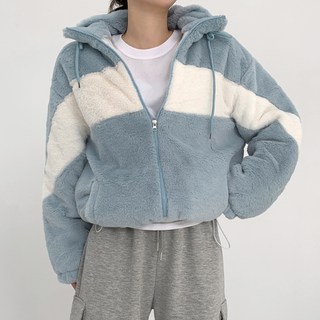 티데일리 여성용 퍼즈 오버핏 배색 밍크퍼 누빔 집업 점퍼