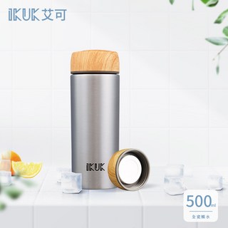 IKUK艾可 500ml陶瓷內膽保溫杯 木紋蓋 輕巧保溫瓶, 冰晶銀, 1個, 500ml