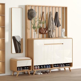 鞋櫃收納櫃 玄關鞋櫃 窄鞋櫃 薄型鞋櫃 北歐原木色鞋柜掛衣架一體 新中式實木邊框門廳柜, 原木套白87.1*37.5*195cm,组装（自己安装）
