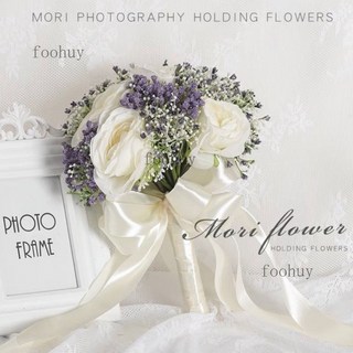 台灣出貨 熱賣 新娘捧花 森系韓系手捧花 婚禮拍攝道具 拍照仿真花束 影樓婚紗攝影旅拍 婚禮捧花 仿真捧花, 白玫瑰+紫滿天星, 1個