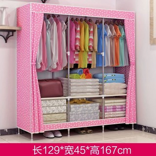 簡易衣櫃 加粗鋼管 耐用防塵 無紡布收納櫃 宿舍衣物整理櫃, 粉色圓點-長129cm-三掛