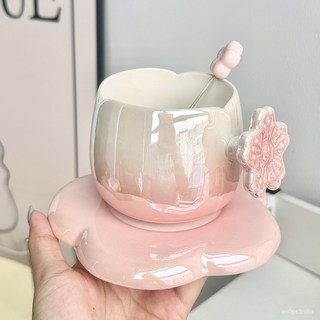 北歐風漸變咖啡杯碟精緻辦公室下午茶馬克杯女伴手禮伴娘實用禮物, 櫻花鐳射杯碟-藍色,杯+碟+勺（彩盒+禮袋-送禮推薦), 1個