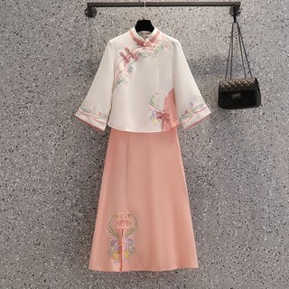 民國風改良漢服套裝女 大碼顯瘦復古中國風連衣裙 寬鬆五四青年裝兩件套, 粉色上衣+粉色半身裙 【套裝】,4XL 【建議145-155斤】