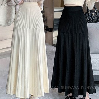 니트 플리츠 스커트 가을 겨울 여성 사계절 밴딩 하이웨스트 a라인 힙 머메이드 롱스커트 D88U