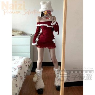 新竹出貨 聖誕節秋冬新款聖誕新年穿搭紅色連衣裙女辣妹一字肩修身小禮服包臀短裙, 2028,S