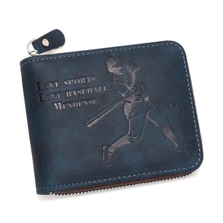 棒球皮包 棒球錢包 棒球皮夾 棒球圖案錢包，三折壓印棒球員錢夾男士短款錢夾鏈錢包 (有零錢袋)