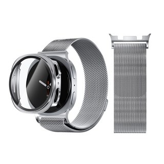 AITEWO 갤럭시워치 호환 스트랩 마그네틱 밀레니즈 메탈 밴드 시계줄 액정보호 강화유리 풀커버 케이스 세트, 1개, 실버