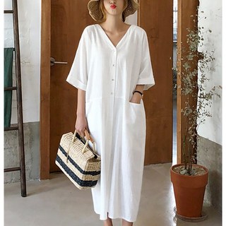더사바 앞뒷트임 딥 브이넥 린넨원피스 여름 시원한 코튼 5부소매 롱원피스