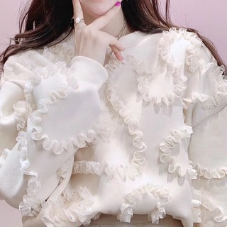 雪莉小姐 韓版加厚木耳邊復古蕾絲拼接圓領 加絨上衣