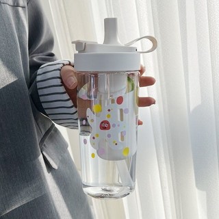 學生爆款水杯女生高顏值便攜校園雙飲手提式食品級吸管塑料杯耐摔, 隨機色800ml+茶漏,杯子【加厚耐摔 一蓋雙飲】, 1個