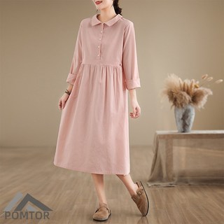 POMTOR 여성 봄 가을 무지 롱 셔츠 원피스 데일리 캐주얼 긴소매 린넨 휴양지룩