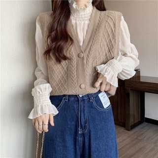 針織馬甲女外搭 時尚秋冬背心 復古V領麻花毛衣開衫 學生外套