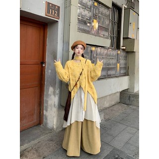 森系雲南旅遊開春套裝女小個子不規則毛衣襯衫闊腿褲三件套多巴胺