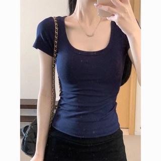 2025正肩U領短袖修身顯瘦純色顯白百搭上衣女夏季新款時尚純棉T恤