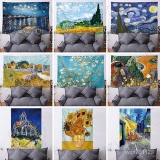 臺南出貨 梵高系列 北歐風背景掛布 星空掛布 臥室裝飾背景牆掛毯 向日葵牆布, 橫款-藍天鬆樹,絨佈1*0.75米【送工具-不送燈】