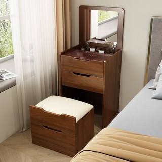 NIKA 台灣現貨實木折疊化妝桌，簡約床頭收納櫃，小戶型迷你床邊桌，多功能梳妝台, 翻蓋48CM胡桃【無燈款】, 1個