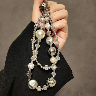 실버구슬핸드폰스트랩키링/휴대폰키링악세사리폰줄/진주키링/비쥬스트랩, 1개, 2줄십자가