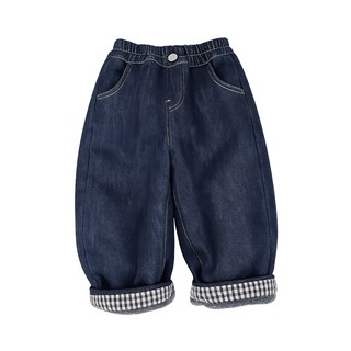 롤업체크기모데님팬츠 아동 기모 데님 팬츠 체크배색 롤업 겨울청바지