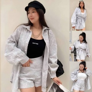 Mm+C 1017-2 輕牛仔 菱格紋 襯衫+短褲 套裝組 附綁帶 L-3XL