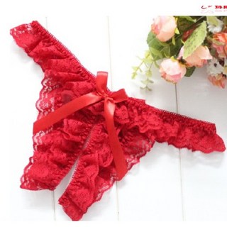 性感開檔丁字褲 女丁字褲 情趣免脫內褲 開洞T字褲 蕾絲蝴蝶結女生內褲, 紅色, 紅色