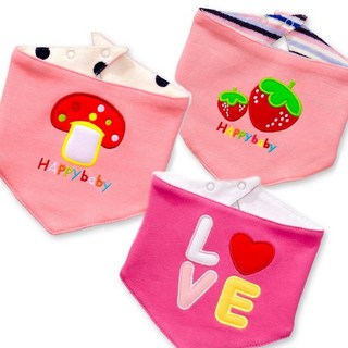 雙面純棉三角巾圍兜 口水巾三件組 寶寶純棉圍兜 時尚三角巾 口水巾套裝, 1個, 草莓蘑菇組, 草莓蘑菇組