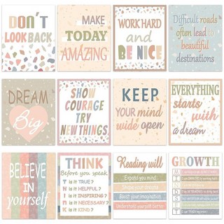 2 교실 장식용 파스텔 동기 부여 포스터 12개 보헤미안 무지개 성장 마인드셋 영감을 주는 게시판 세트 장식 중고등 초등학교 교사 용품 사무실 벽 아트, Boho