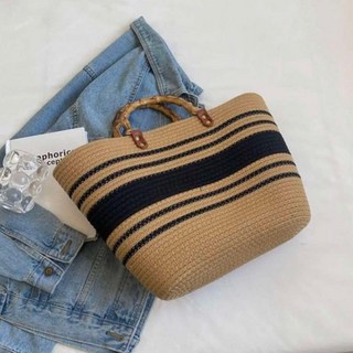 韓版時尚編織托特包 草編手拎大容量包 竹節提把條紋沙灘包, 黑咖條紋, 1個