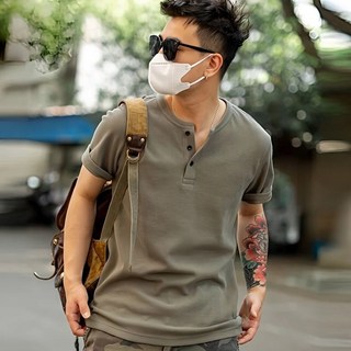 美式亨利衫短袖T恤 復古華夫格亨利領V領Polo衫 - 潮流男裝